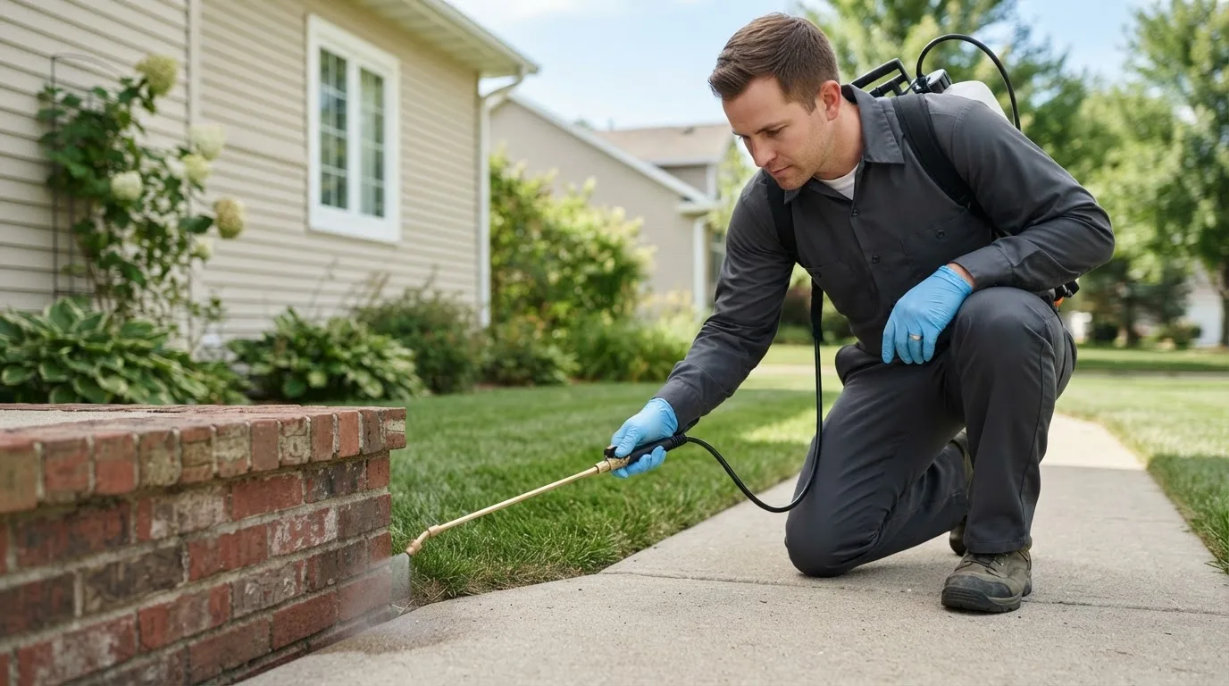 Pest control technician treating a home near Ozark, MO